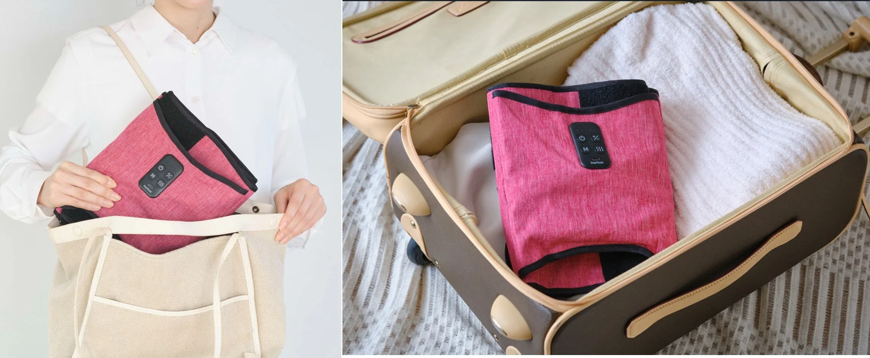 ピンク色のポータブルマッサージ器が、トートバッグやスーツケースに簡単に収納できる様子を示しており、その携帯性と便利さを強調しています。