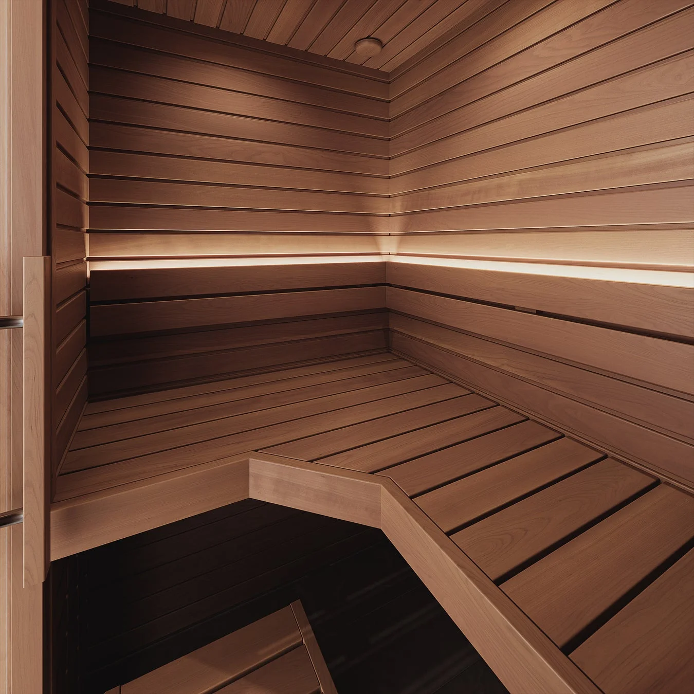 木製の壁とベンチで構成された、モダンで清潔感のあるサウナ室の内部です