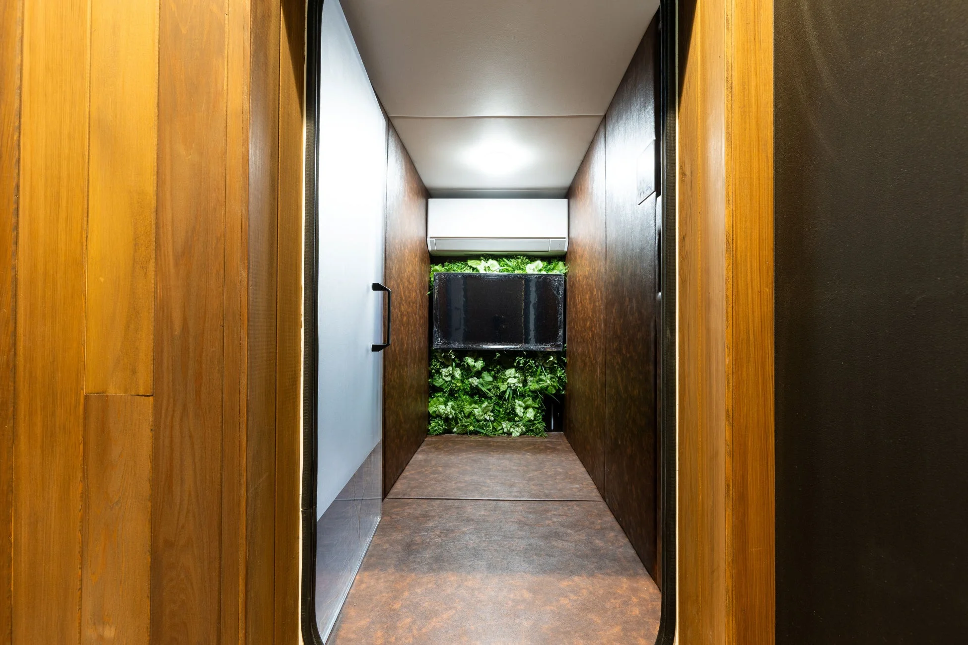 木目調の壁とダークな壁に挟まれた通路の奥に、緑豊かな植物の壁がある室内空間