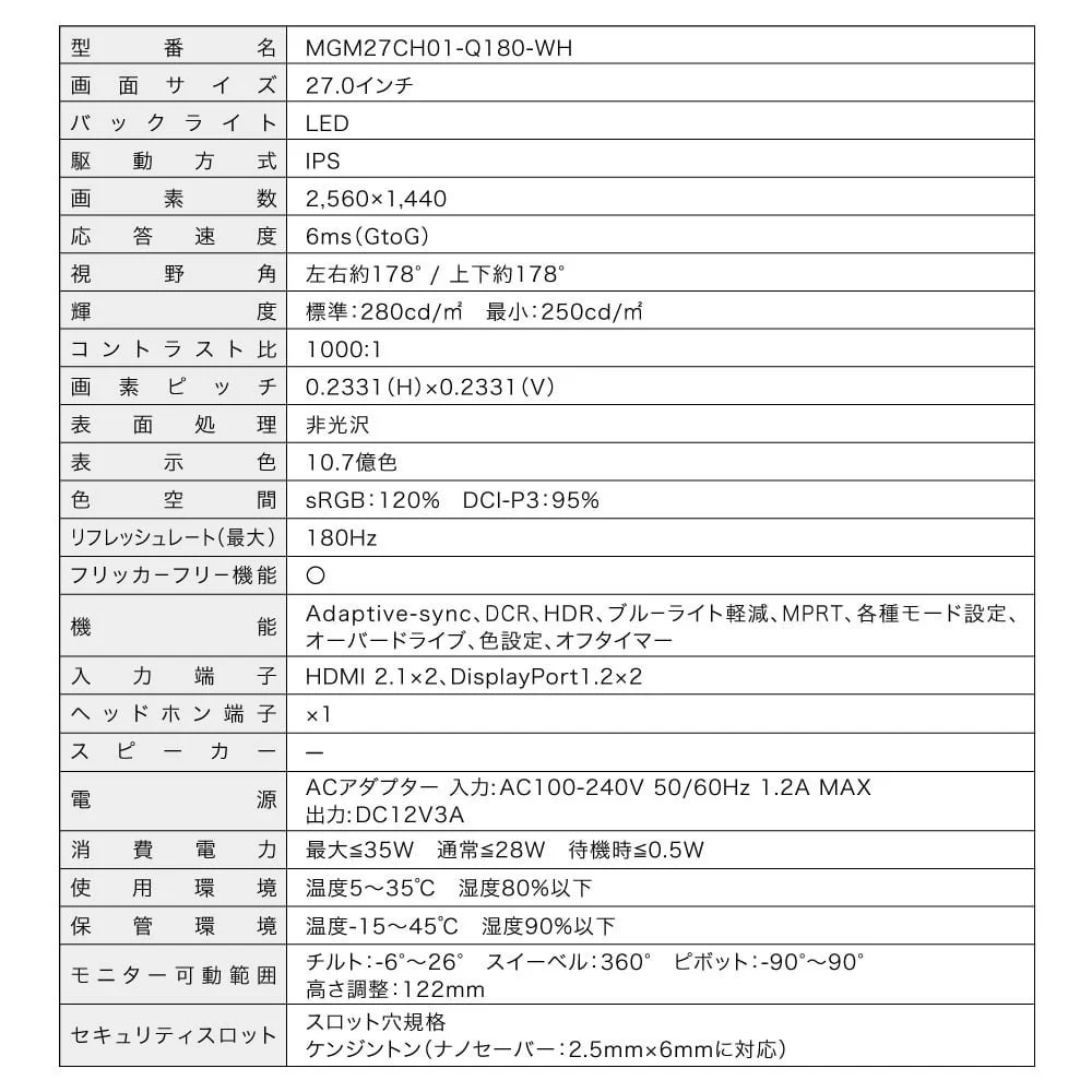 モニターの詳細な仕様