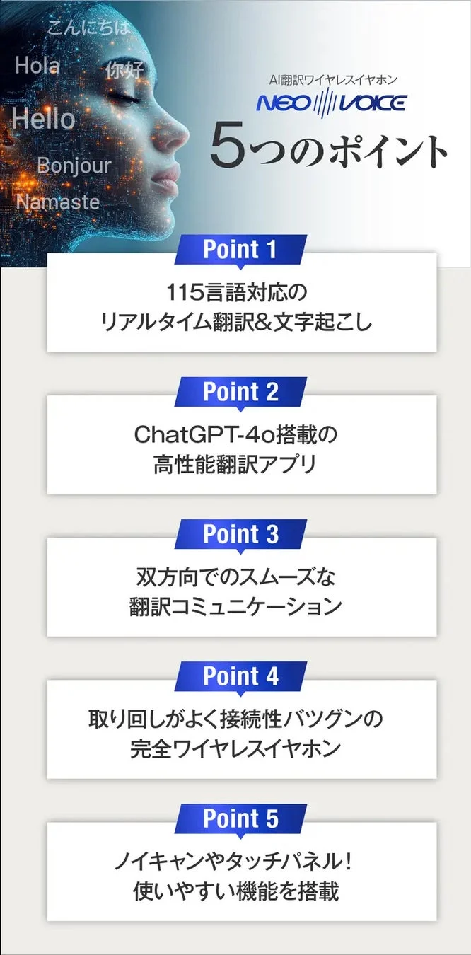 AI翻訳ワイヤレスイヤホン NEO VOICE 5つのポイント