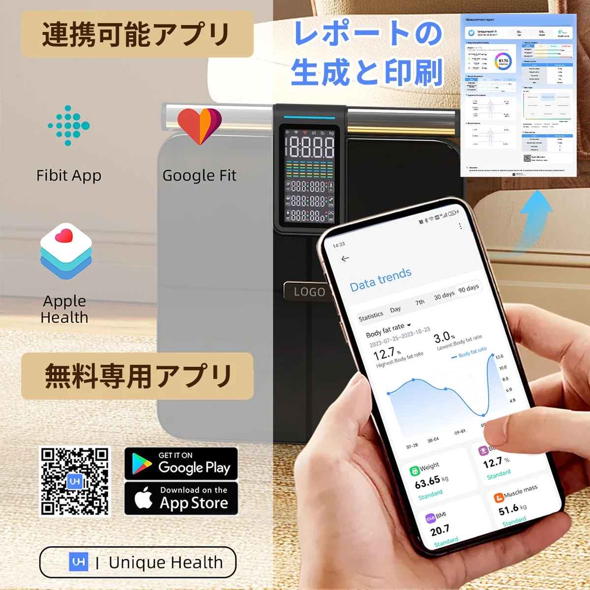 スマート体組成計,体重計,健康管理,アプリ連携,データ分析,フィットネス,体脂肪率,体重,BMI,筋肉量,レポート,Fitbit,Google Fit,Apple Health,Unique Health