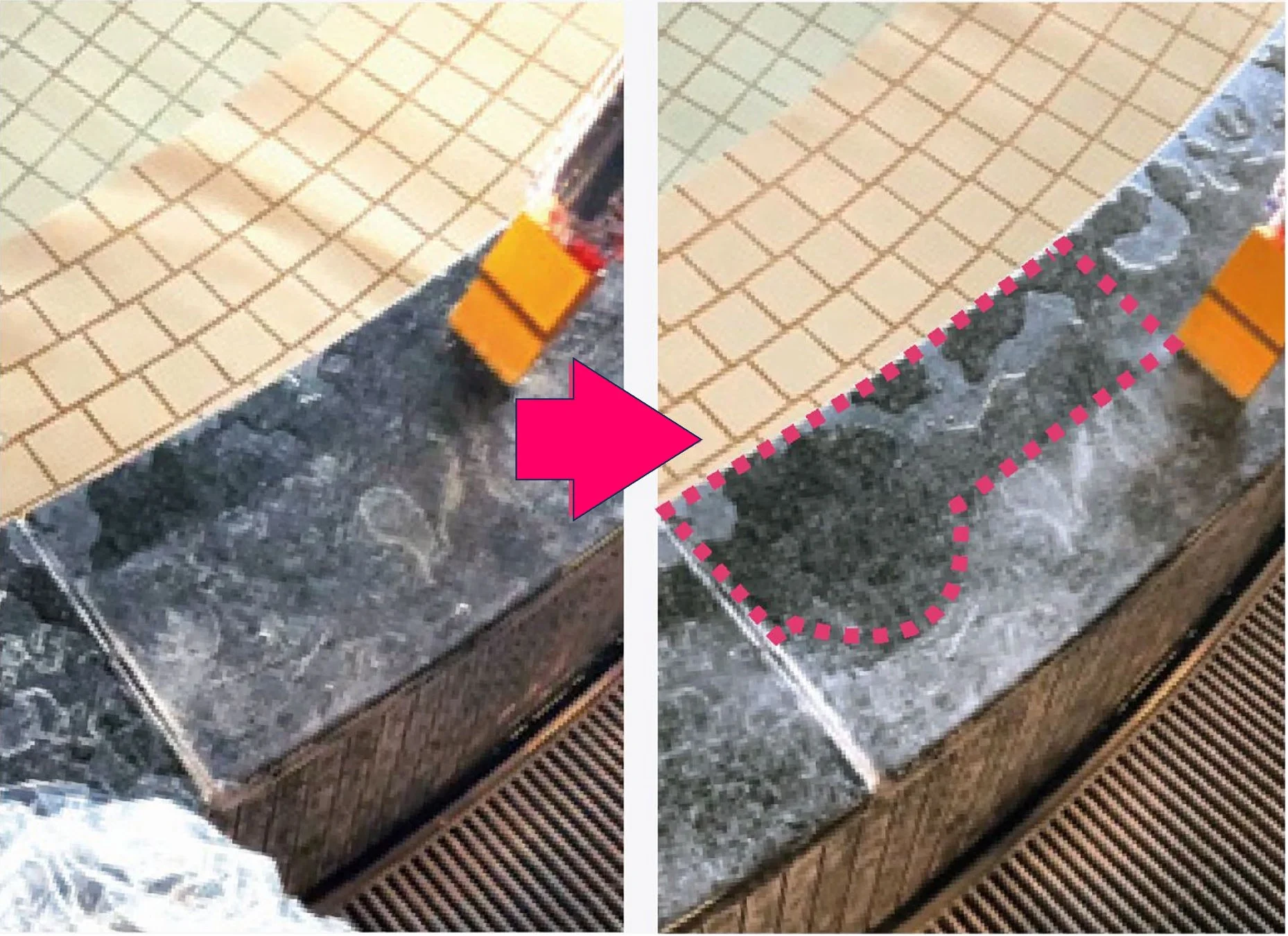 床の汚れを清掃する前後の比較画像