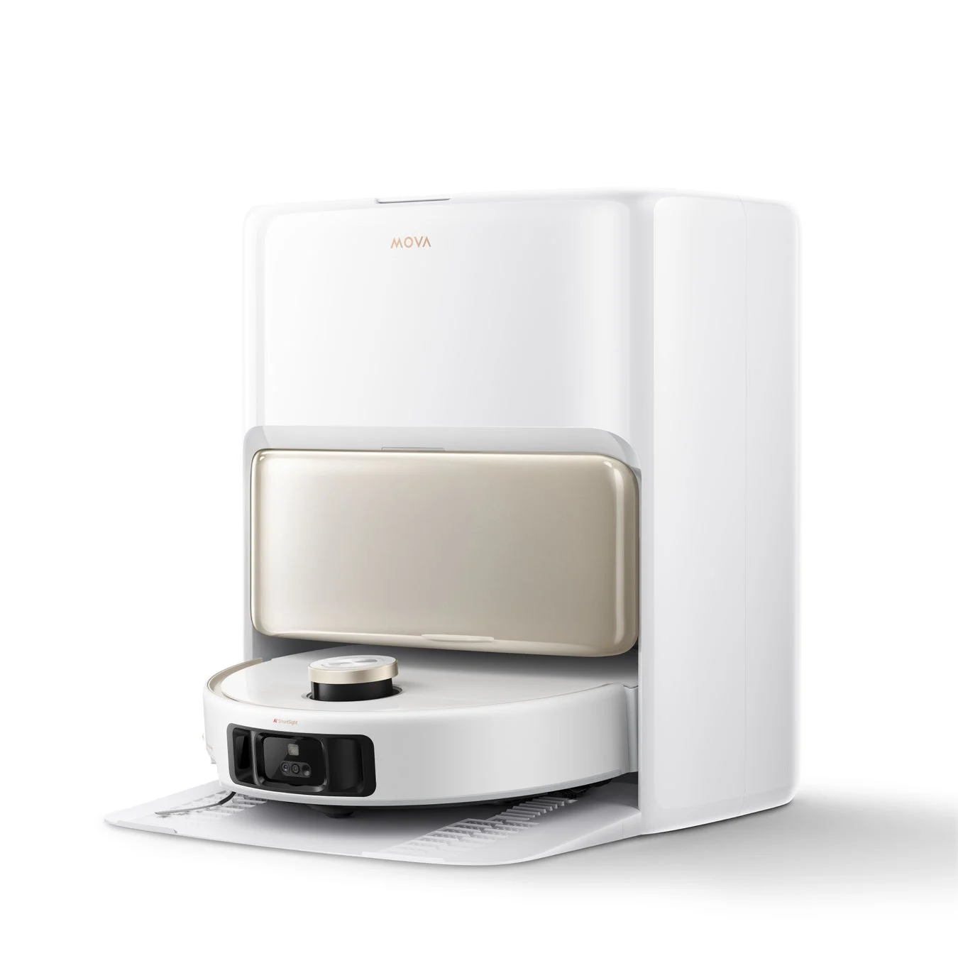 白を基調としたモダンなデザインのロボット掃除機が、自動ゴミ収集・充電ステーションにドッキングしている様子