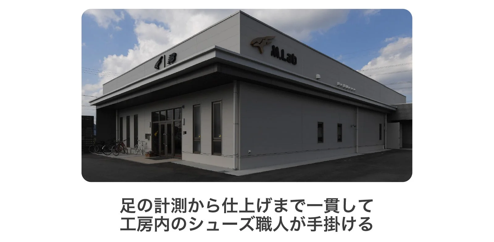 M.Labの建物外観と、足の計測から仕上げまで工房内のシューズ職人が一貫して手掛けるという説明
