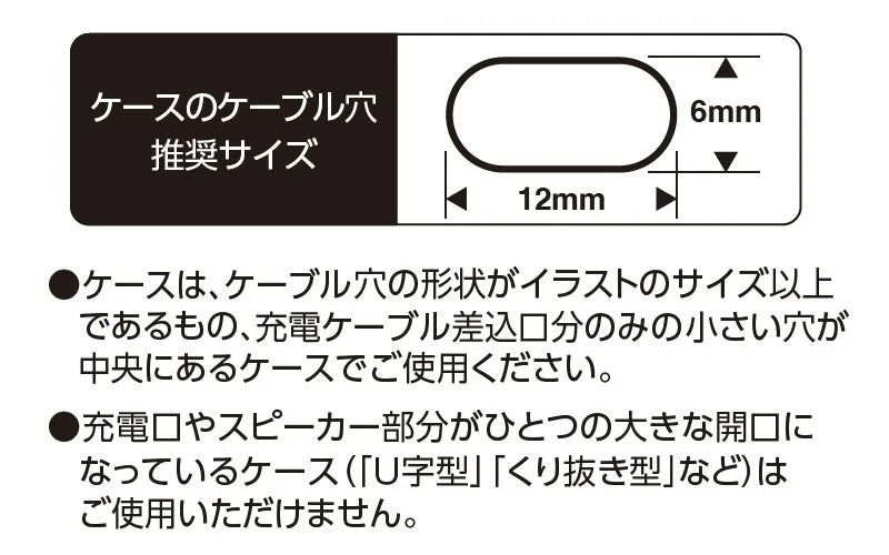 スマホケースのケーブル穴の推奨サイズと、対応・非対応のケースタイプについて説明