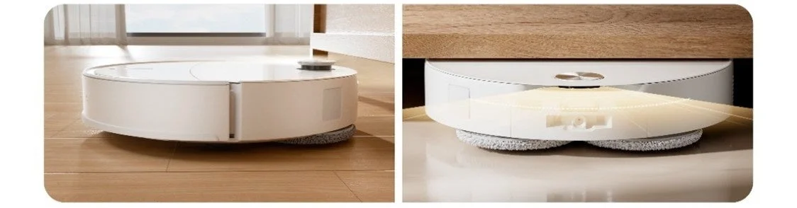 白いロボット掃除機がフローリングを掃除している様子が捉えられています。