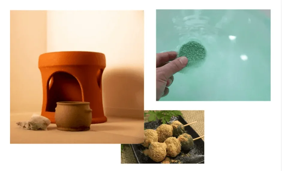 陶器のオブジェと器、緑色の入浴剤を溶かす手、きな粉と抹茶の団子が写っており、異なるライフスタイル要素を組み合わせた画像です。