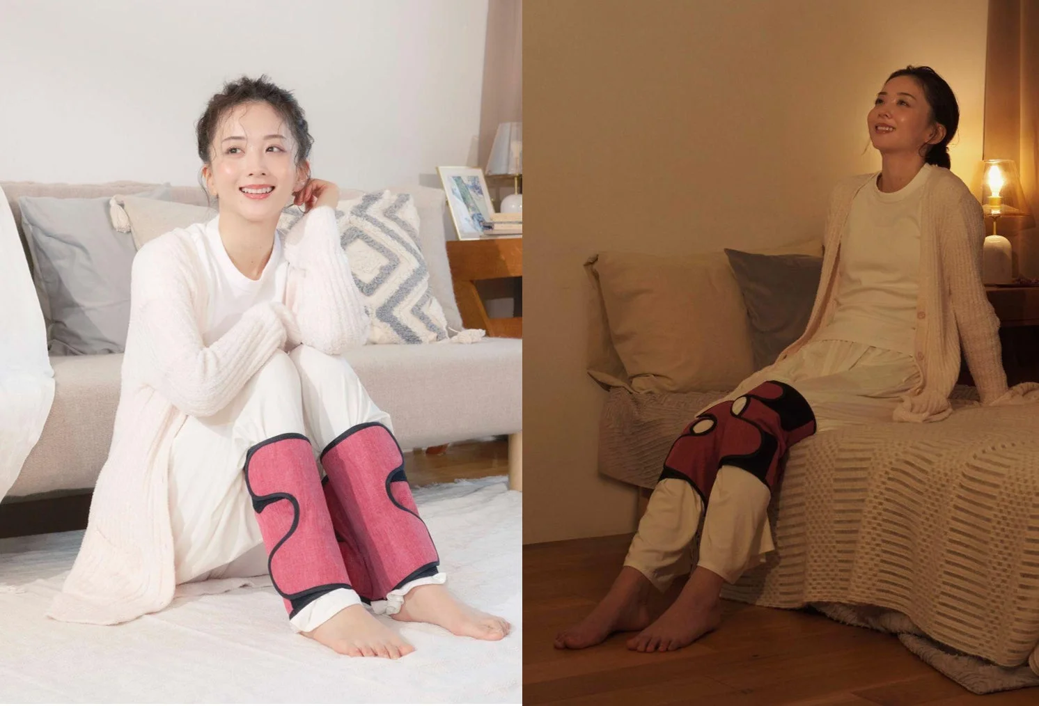 女性が自宅でくつろいでおり、両脚にレッグケア用のデバイスを装着しています。左は明るいリビングで笑顔を見せ、右は薄暗い寝室でリラックスした表情をしています。