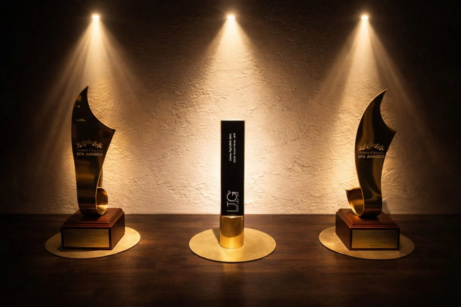 木製の台の上に3つのアワードが置かれ、それぞれがスポットライトで照らされています