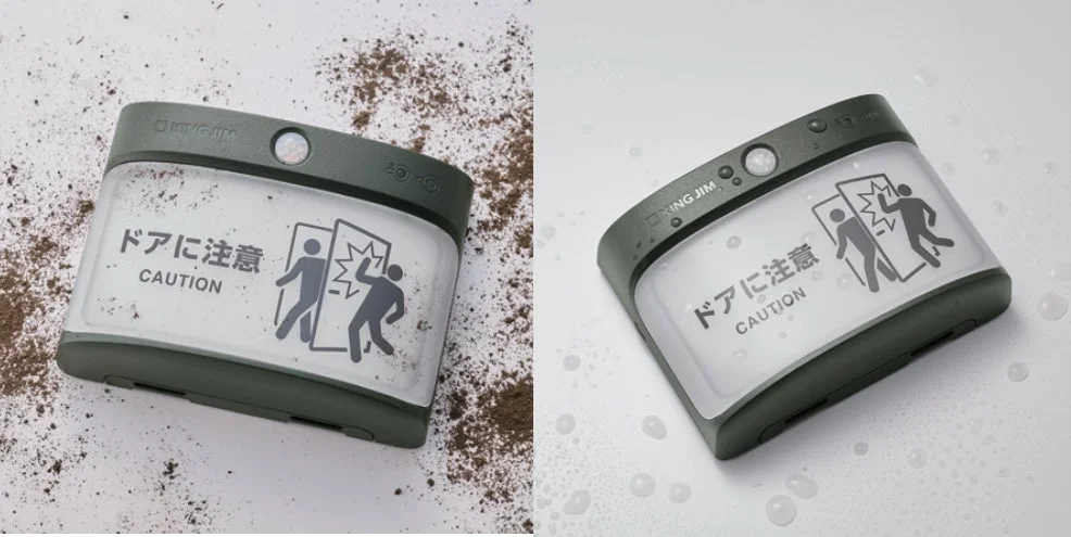 ドアへの注意を促す警告表示デバイスが、土埃と水滴に囲まれた状態で写っています