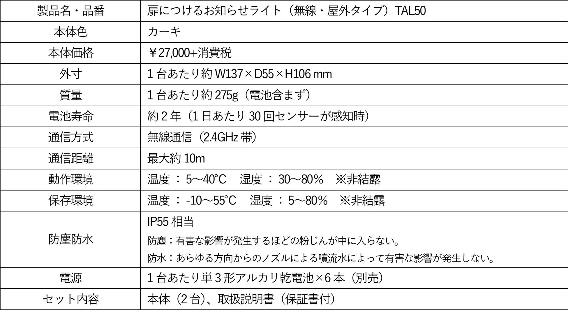 「扉につけるお知らせライト (無線・屋外タイプ) TAL50」の製品仕様をまとめた表です