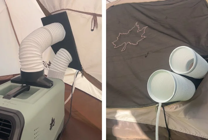 テント内にポータブルエアコンが設置され、排気ダクトがテントの開口部から外に出されている