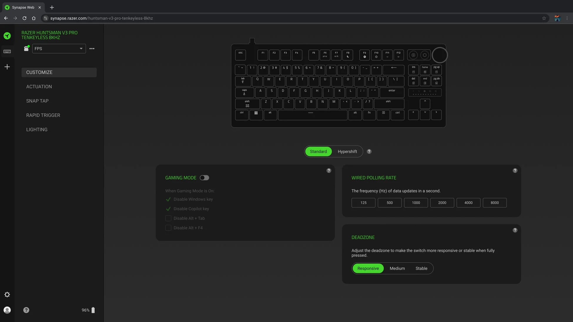 Razer Synapse Webのカスタマイズ画面