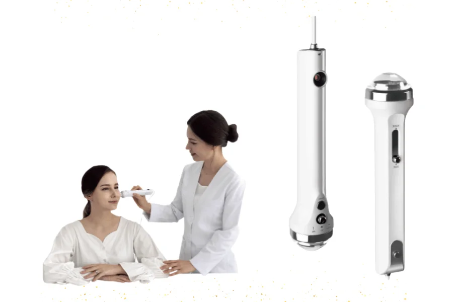 女性が美容機器を使ったフェイシャルケアを受けている様子と、2種類の白い美容機器