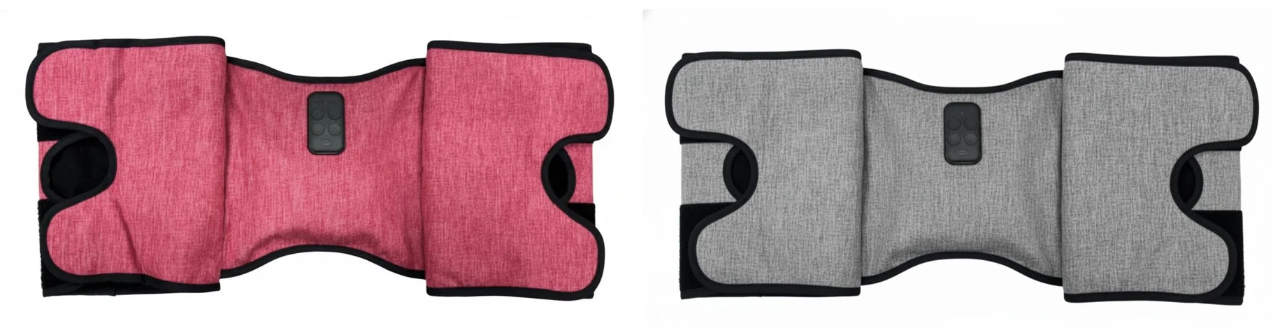 ピンクとグレーの2種類の膝用サポーターまたはマッサージ器のようなウェアラブルデバイスが写っています。中央には操作パネルがあり、ボタンが配置されています。