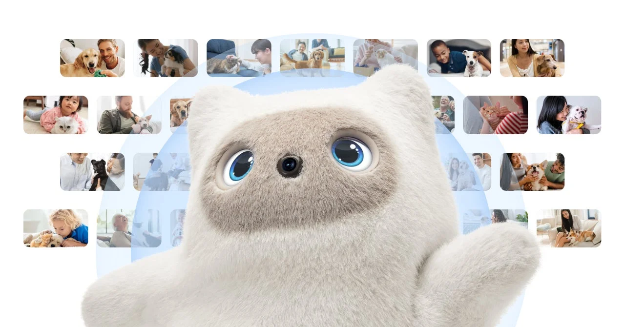 ロボットとペット・人々の写真コラージュ