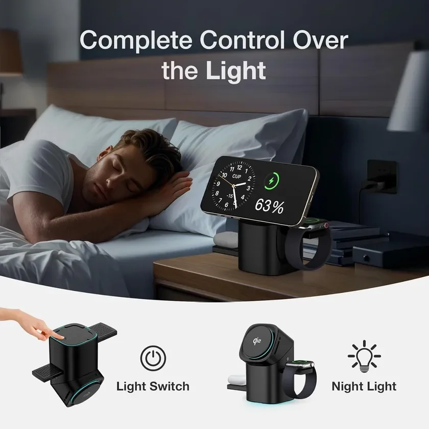 ベッドサイドに置かれた多機能ワイヤレス充電器の広告画像。睡眠中の男性の横でスマホとスマートウォッチを充電し、ナイトライトとしても機能する製品