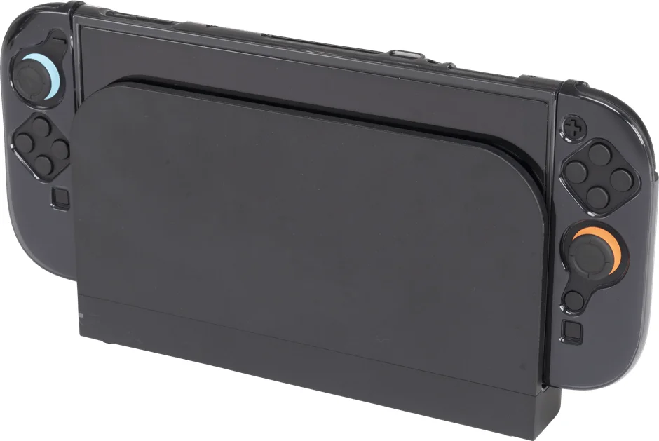 黒色の携帯ゲーム機がドックにセットされている