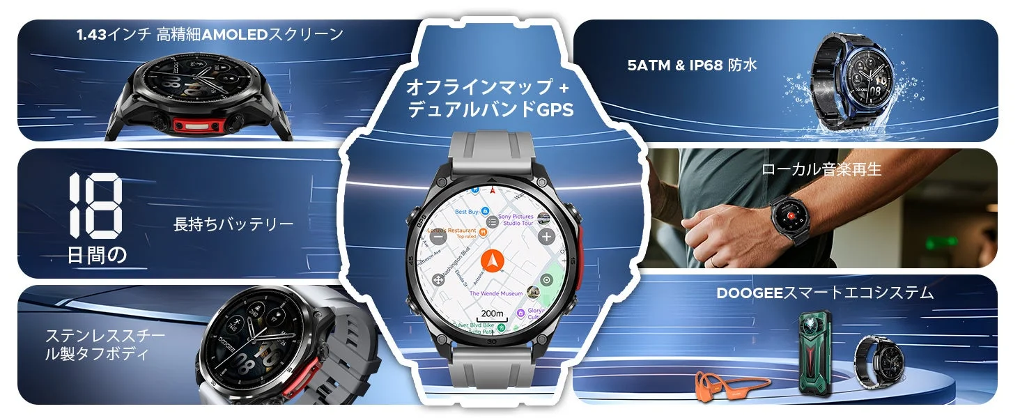 DOOGEEスマートウォッチの主要機能を宣伝する画像
