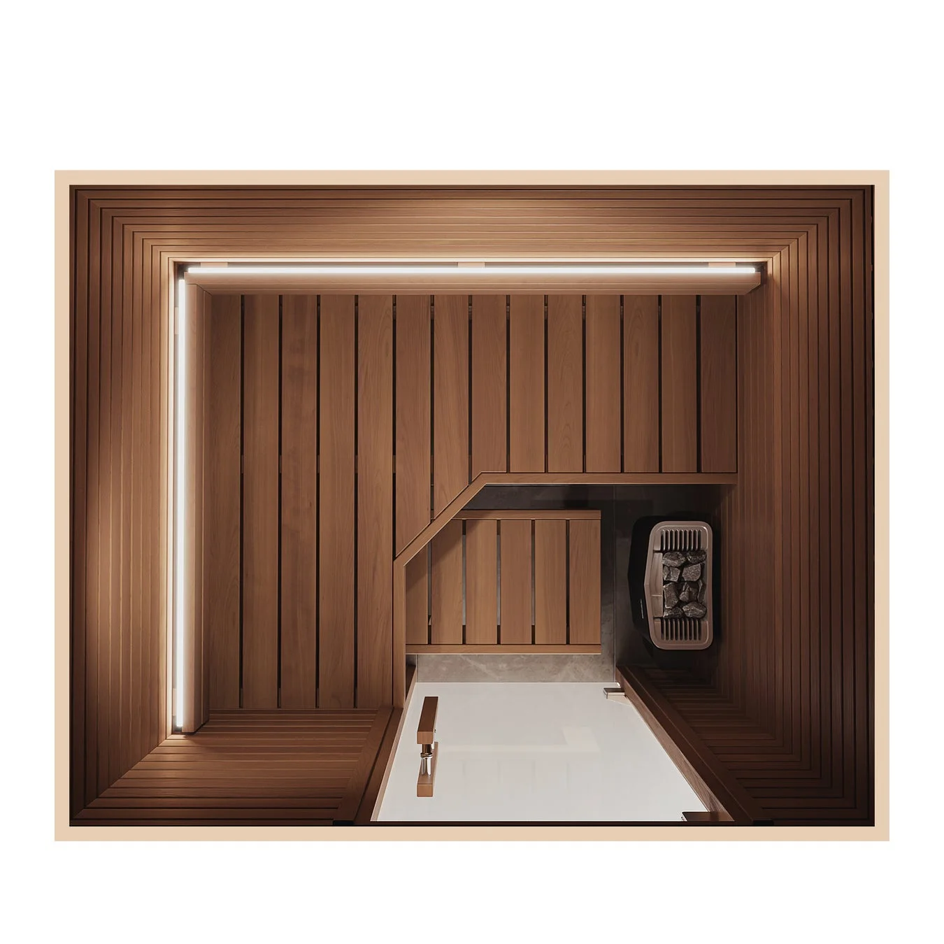 モダンなサウナ室の内部を上から捉えた一枚