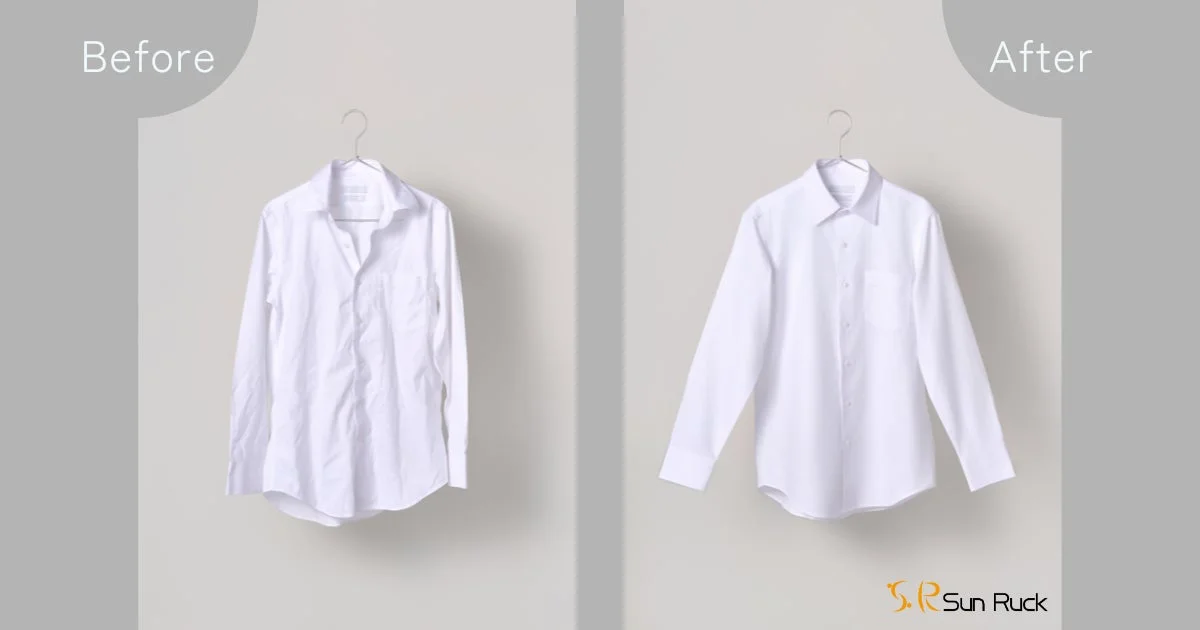しわくちゃな状態の白いシャツと、しわが伸びてきれいに整えられた白いシャツを比較した画像