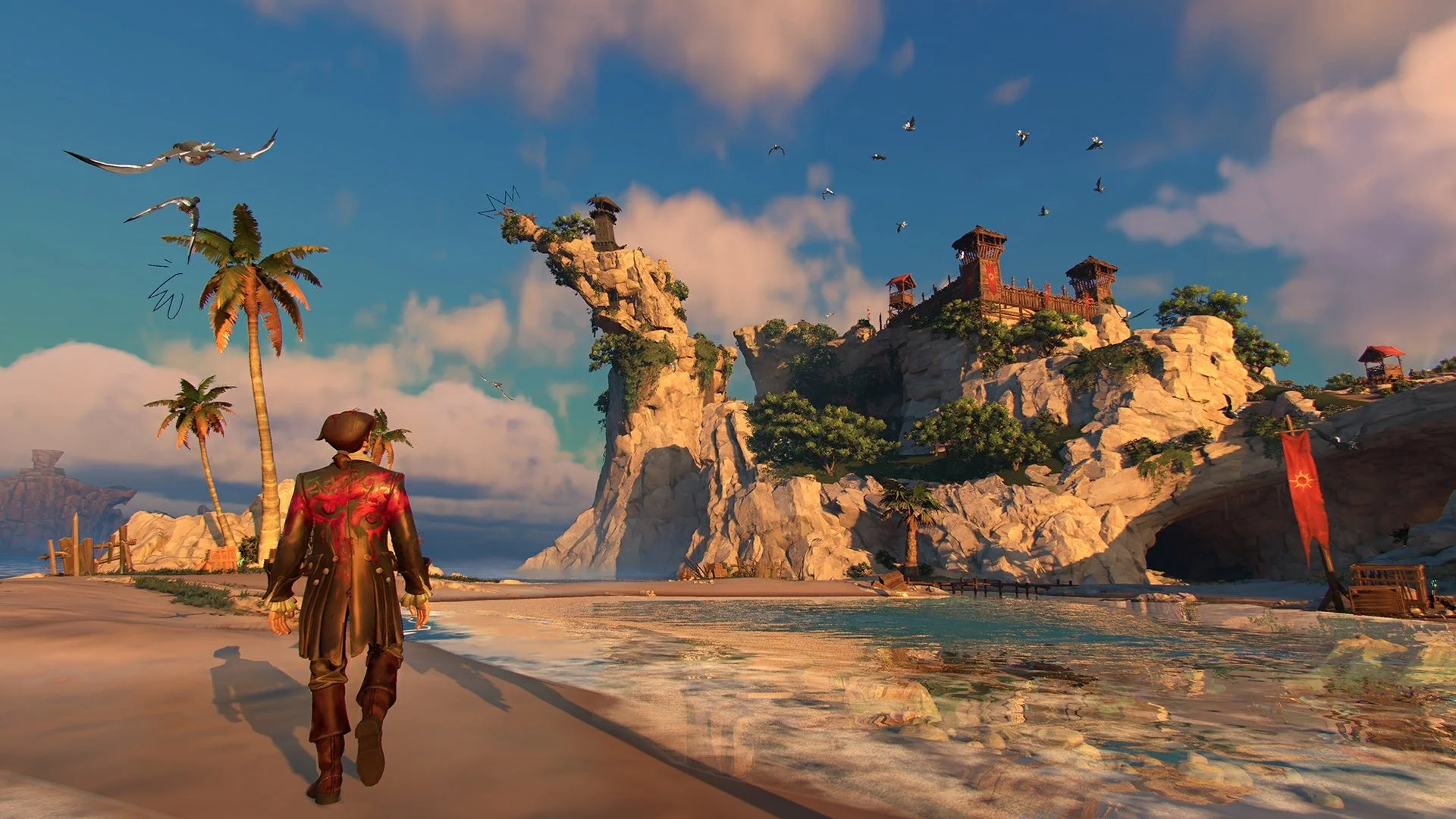 熱帯のビーチを歩くキャラクターの背後には、要塞のような建物が建つ壮大な岩の島が広がる。ヤシの木と鳥が舞う、陽光に照らされた美しい海の風景。