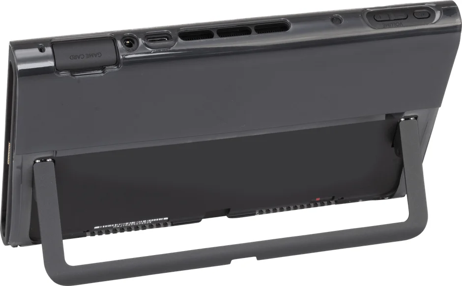 携帯ゲーム機の背面と展開されたキックスタンド