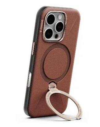 iPhone用のブラウンカラーのスマホケースで、MagSafe対応のマグネットリングが特徴です。