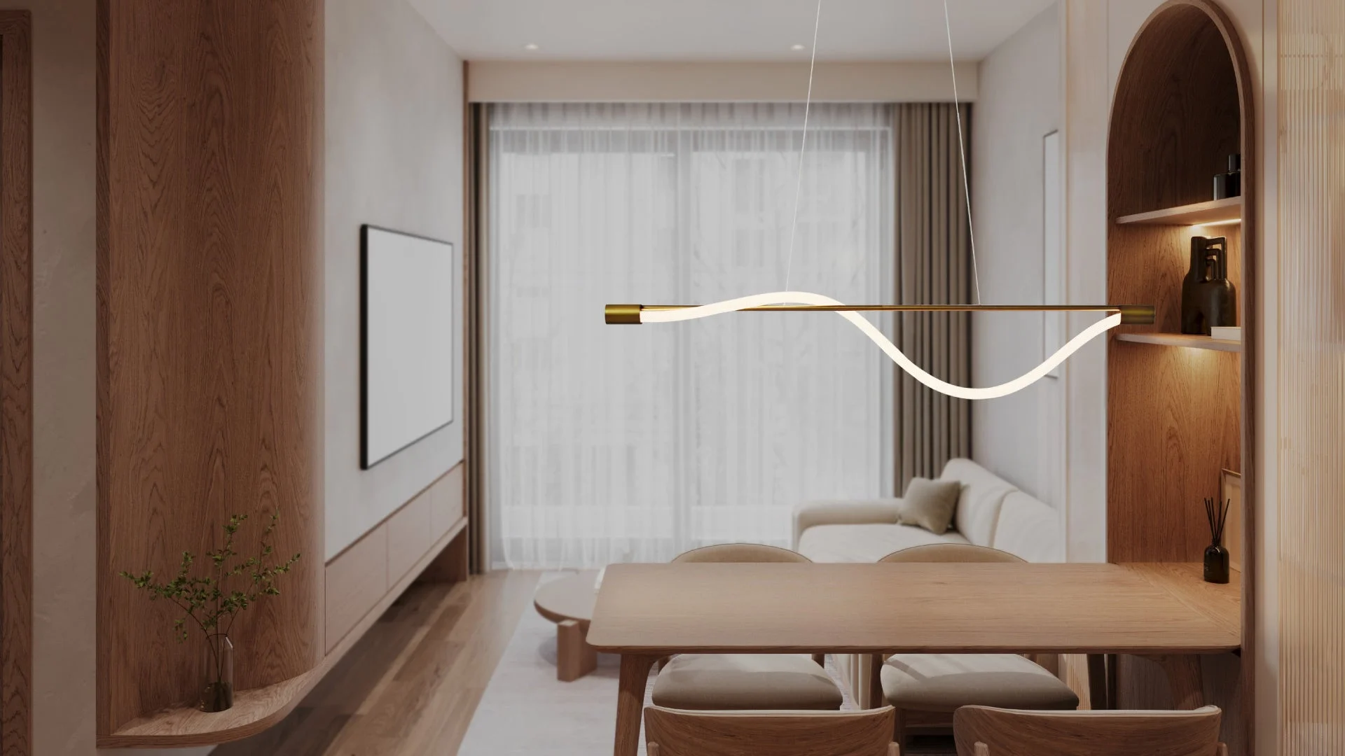 「Yunel rope」が設置されたモダンなリビングダイニング