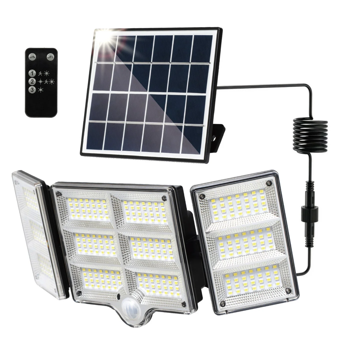 ソーラーパネルと3つの可動式LEDライト