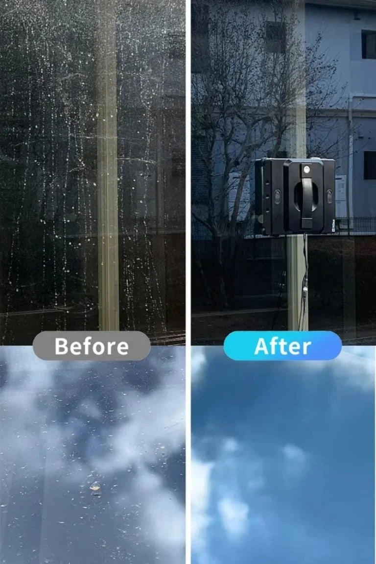 窓掃除ロボットを使った窓ガラスの清掃前と清掃後を比較した画像