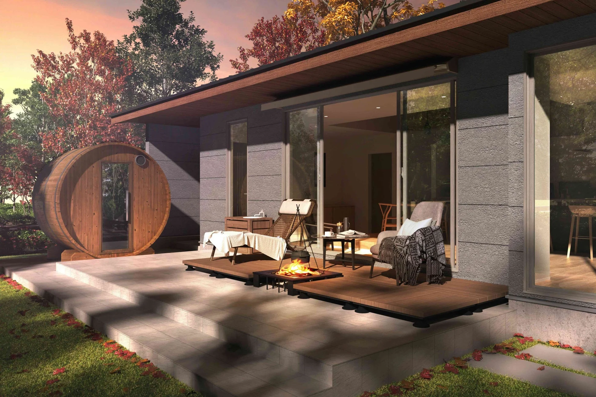 モダンな住宅のテラスに、バレルサウナと焚き火が設置された豪華なアウトドアリビング空間