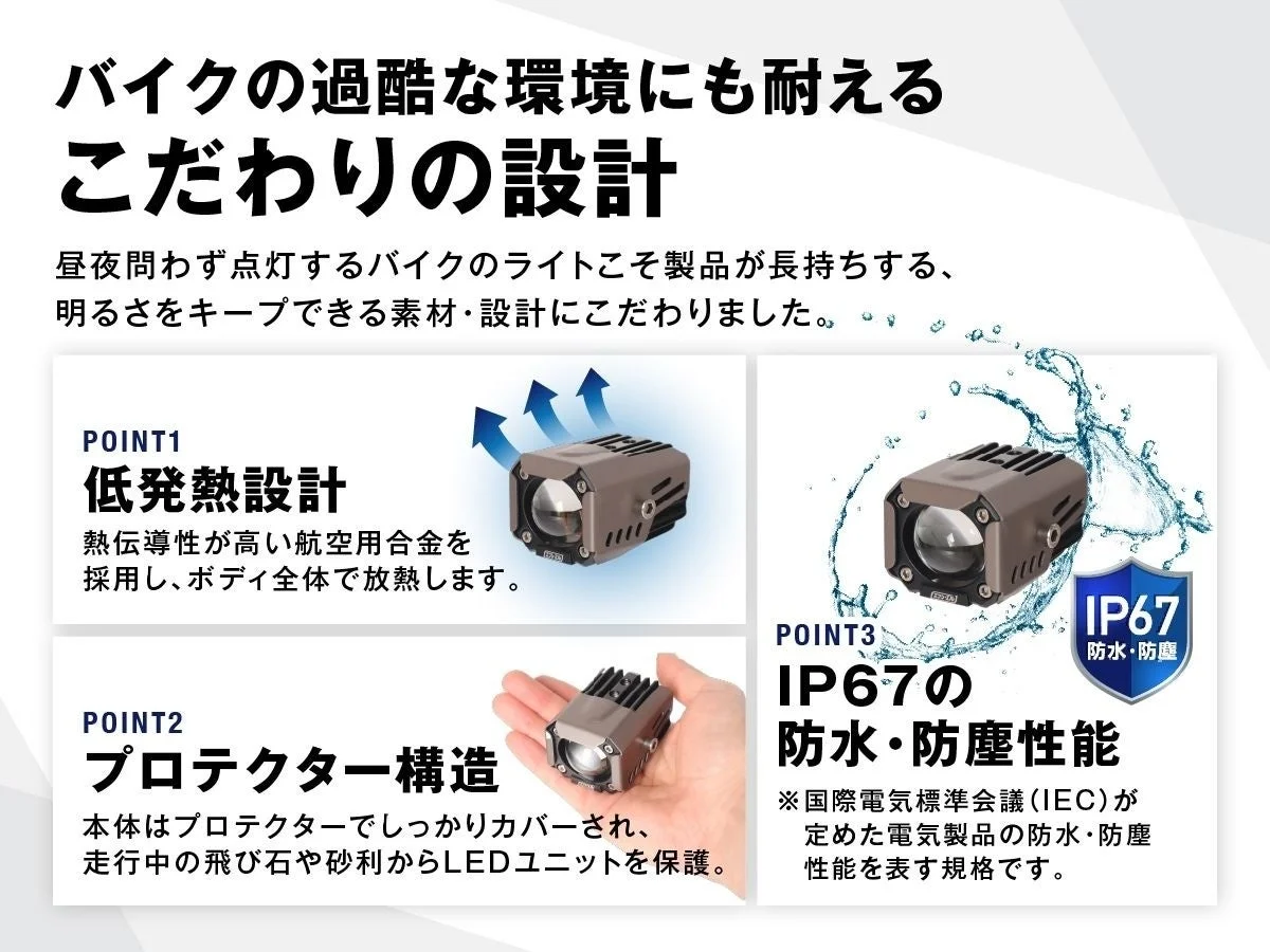 バイク用LEDライトの特長を説明する画像。過酷な環境に耐える設計。