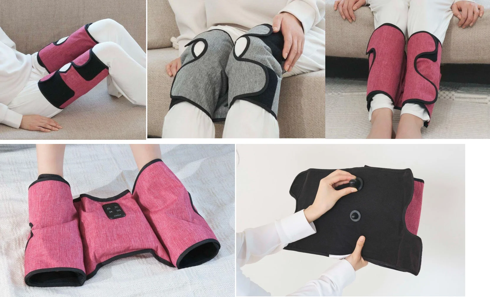 脚や膝に装着して使用する温熱・マッサージ機能を備えたウェアラブルデバイスの様々な使用シーンと製品が写っています。リラックスや健康維持に役立つ商品です。