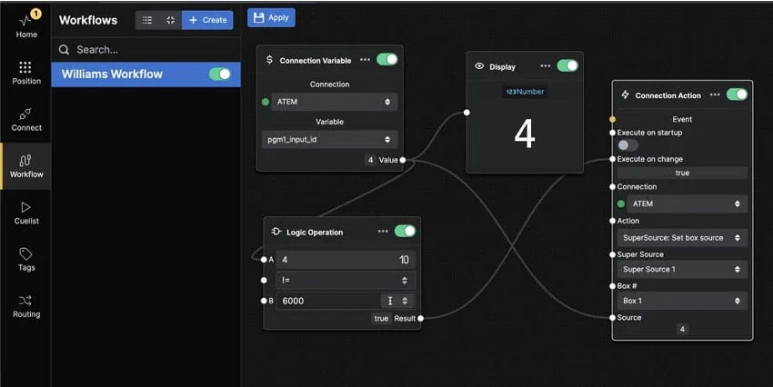 ワークフロー、ノードベースUI、グラフィカルインターフェース、プログラミング、自動化、接続、ロジック、変数、ATEM、ビデオ制御、ソフトウェアUI