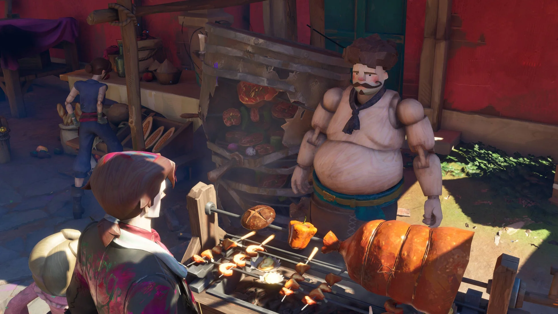 アニメ調のキャラクターが並ぶ屋台で、太った髭のシェフが肉や野菜をグリルやロティサリーで調理している様子。串焼きや大きな肉塊が焼かれており、食欲をそそる場面です。