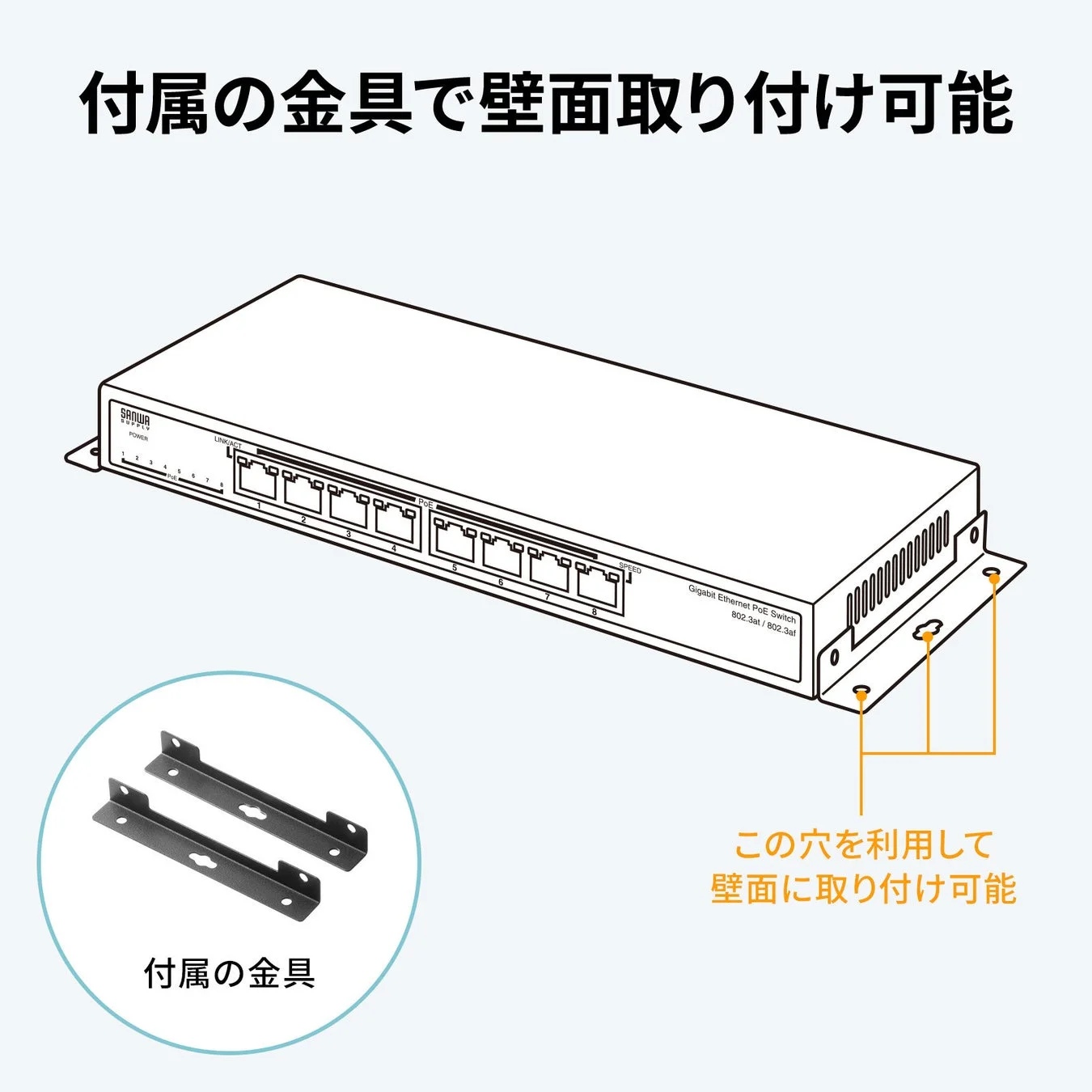 付属の金具で壁面取り付け可能