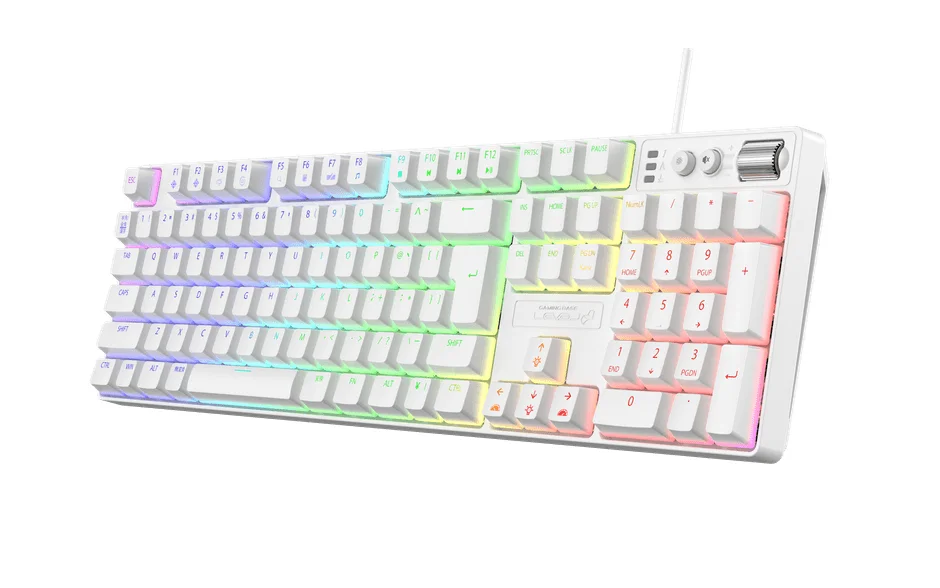 カラフルなRGBバックライトが特徴の白いフルサイズゲーミングキーボード