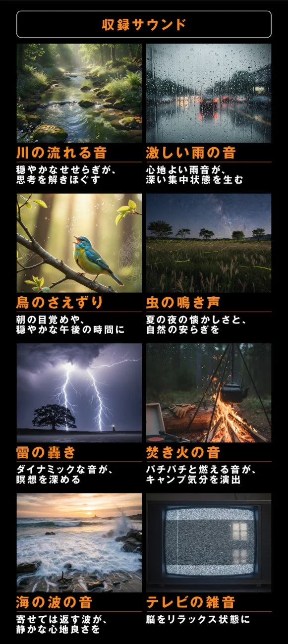 収録サウンド 川の流れる音 穏やかなせせらぎが、思考を解きほぐす 激しい雨の音 心地よい雨音が、深い集中状態を生む 鳥のさえずり 朝の目覚めや、穏やかな午後の時間に 虫の鳴き声 夏の夜の懐かしさと、自然の安らぎを 雷の轟き ダイナミックな音が、瞑想を深める 焚き火の音 パチパチと燃える音が、キャンプ気分を演出 海の波の音 寄せては返す波が、静かな心地良さを テレビの雑音 脳をリラックス状態に