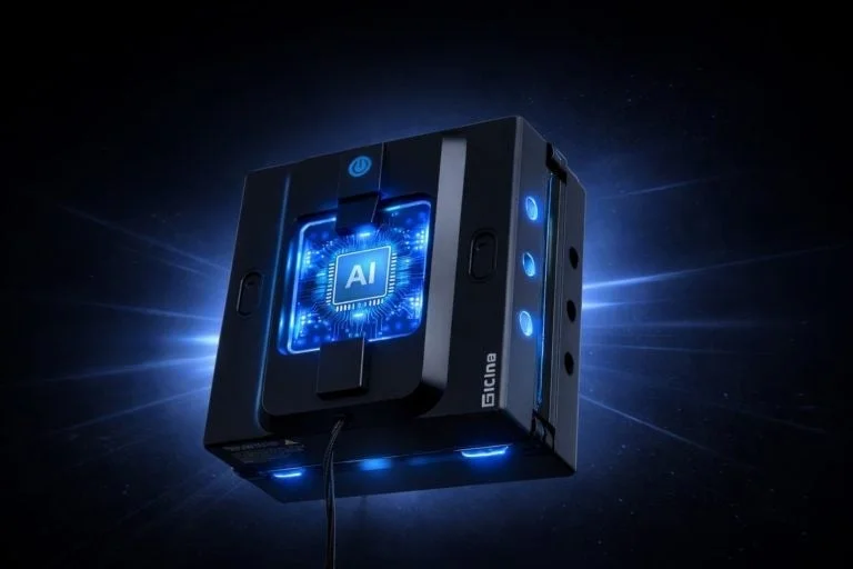 青い光を放つAIチップが組み込まれた未来的なデザインの黒いデバイス