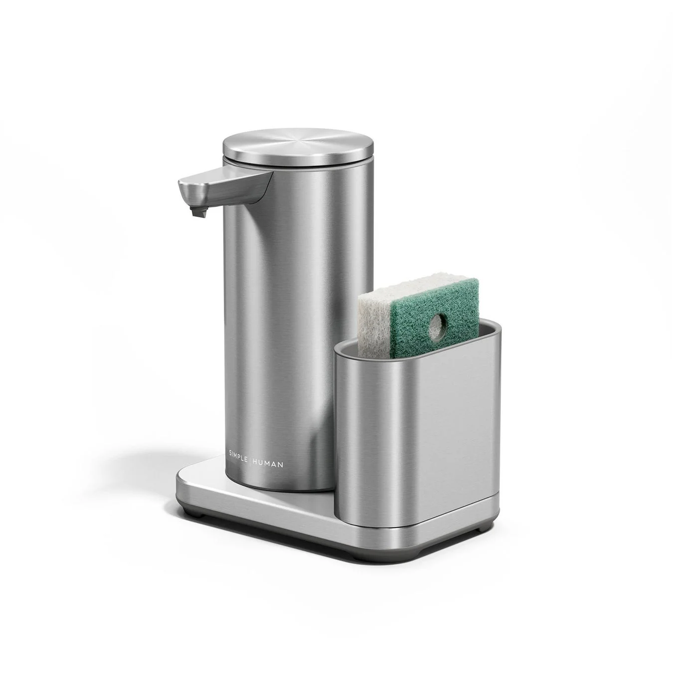 ステンレス製の自動ソープディスペンサーとスポンジホルダーのセット