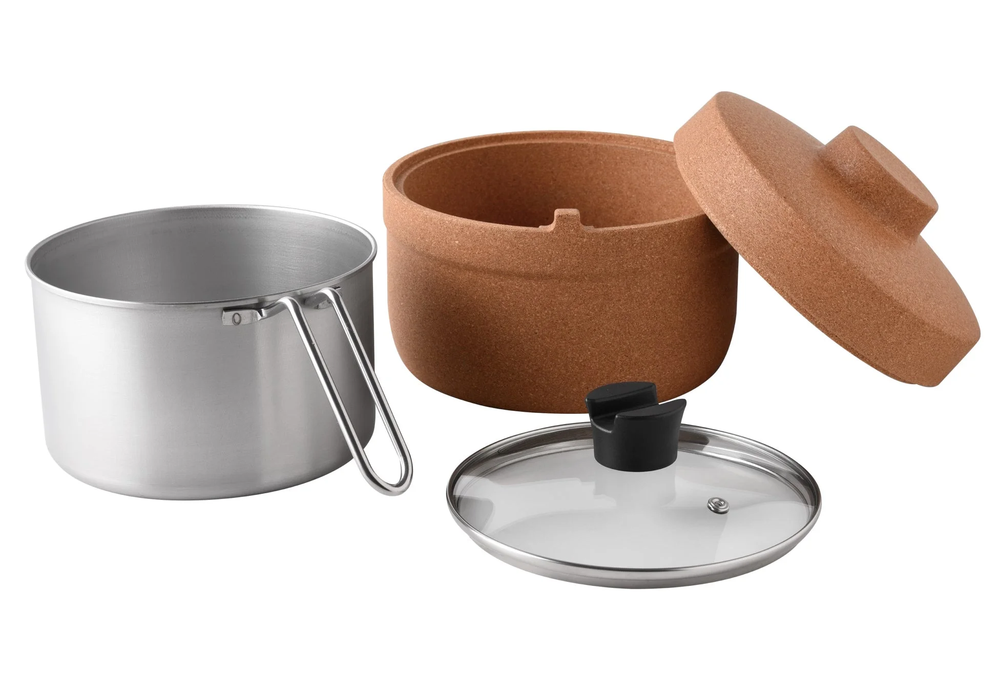 銀色の金属製ポット、コルク調の保温容器、ガラス蓋が写っています