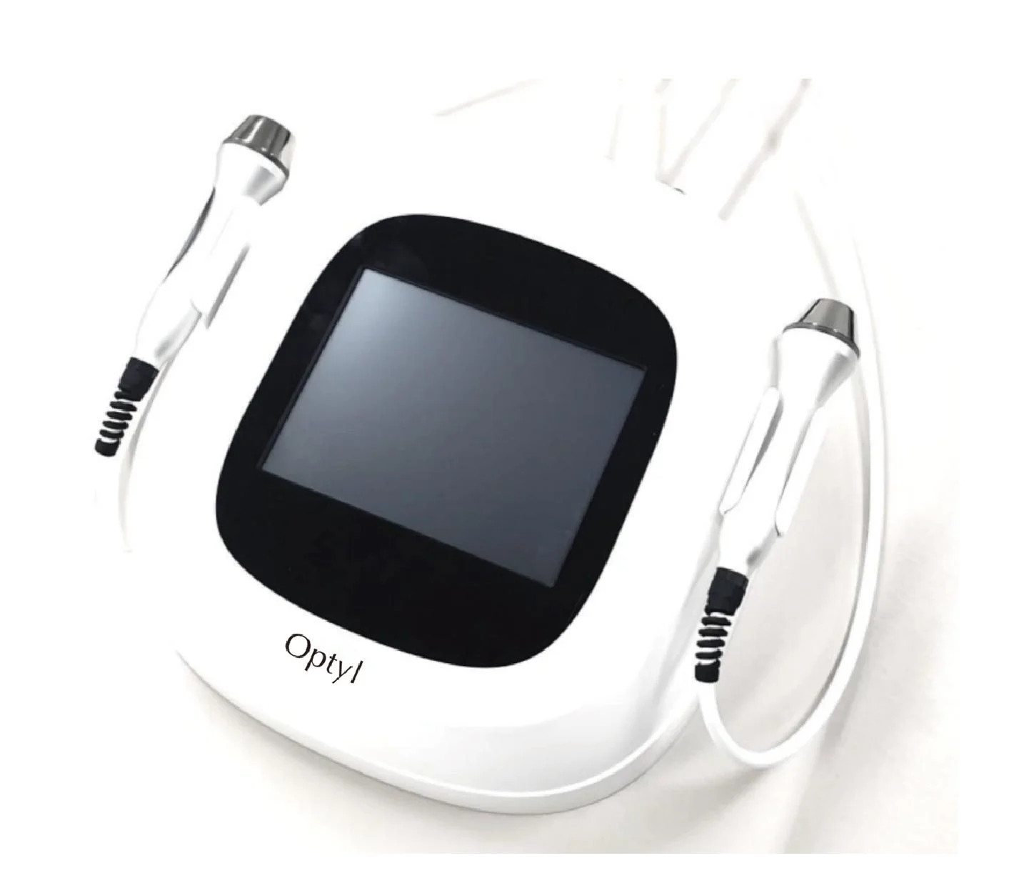 白い本体に黒いスクリーンと2つのハンドピースが接続された美容・医療機器「Optyl」