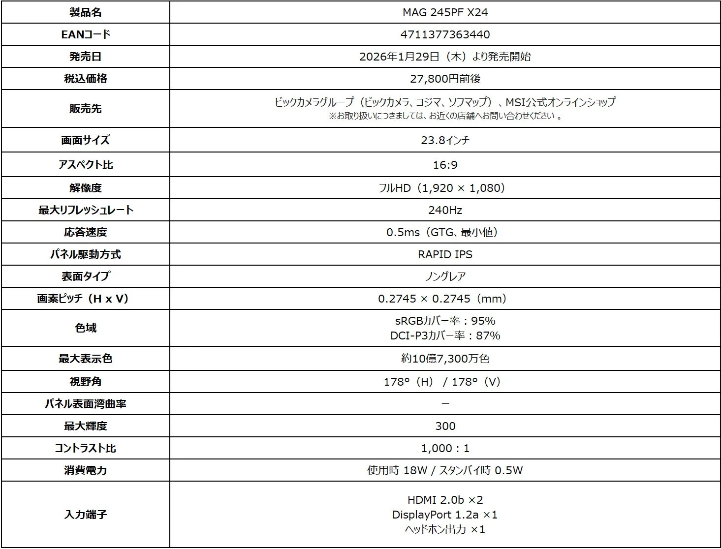 MAG 245PF X24の製品仕様