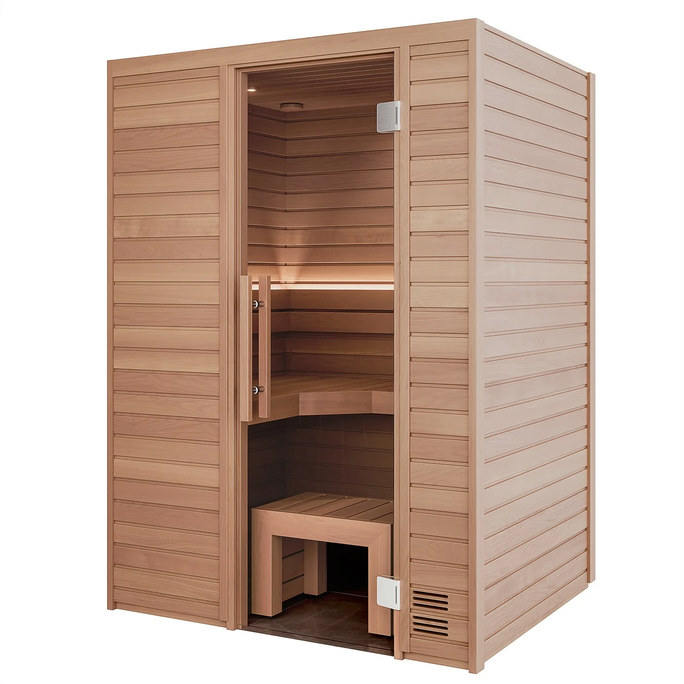 明るい木材で作られたモダンなデザインのサウナキャビンです