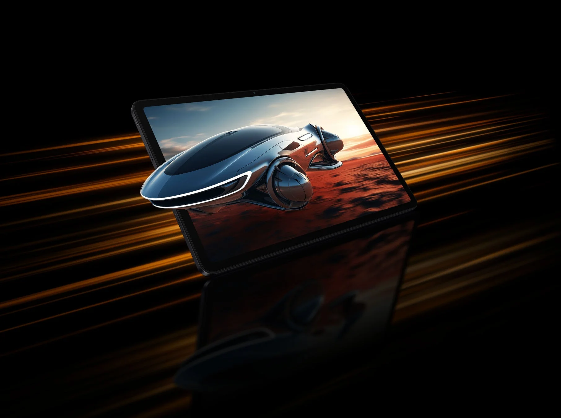 未来的なデザインの乗り物がタブレット画面から飛び出しているイメージ