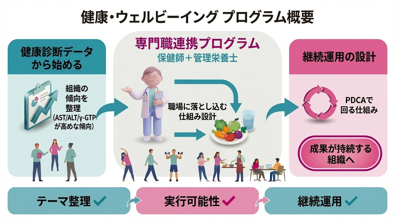 健康・ウェルビーイング プログラム概要 健康診断データから始める 組織の傾向を整理 (AST/ALT/γ-GTPが高めな傾向) 専門職連携プログラム 保健師 + 管理栄養士 職場に落とし込む仕組み設計 継続運用の設計 PDCAで回る仕組み 成果が持続する組織へ テーマ整理 実行可能性 継続運用