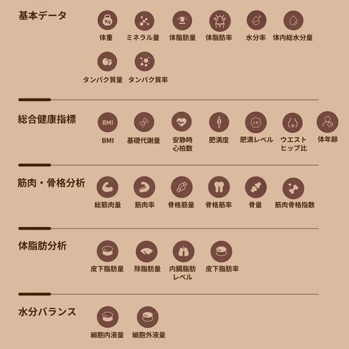 健康指標,体組成,体脂肪,筋肉,骨格,水分バランス,BMI,基礎代謝,身体測定,ヘルスケア