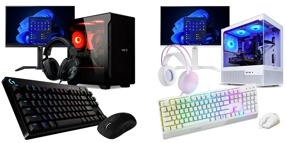 黒と白の2種類のゲーミングPCセットアップが並べられています。